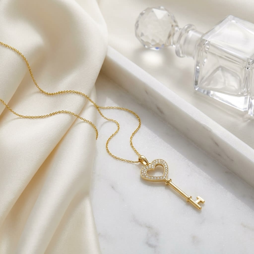Natural Diamond Heart Shape Pendant in 14K Yellow Gold, 6 ct. t.w., on marble vanity tray with silk