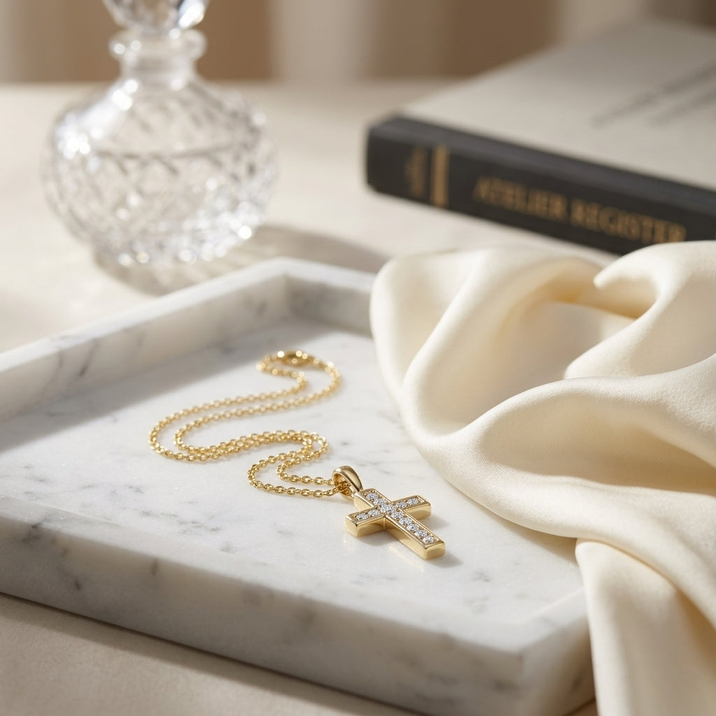 Diamond Channel Cross Pendant 16-18in Adj Cable Chain in 14K Yellow Gold - editorial