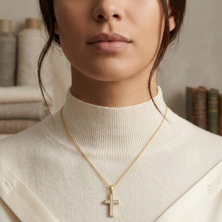 Diamond Channel Cross Pendant 16-18in Adj Cable Chain in 14K Yellow Gold - lifestyle