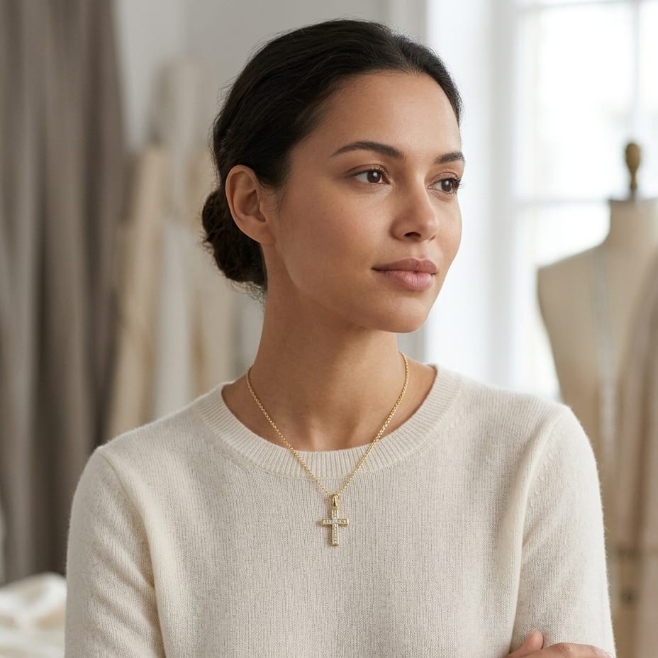 Diamond Channel Cross Pendant 16-18in Adj Cable Chain in 14K Yellow Gold - on model