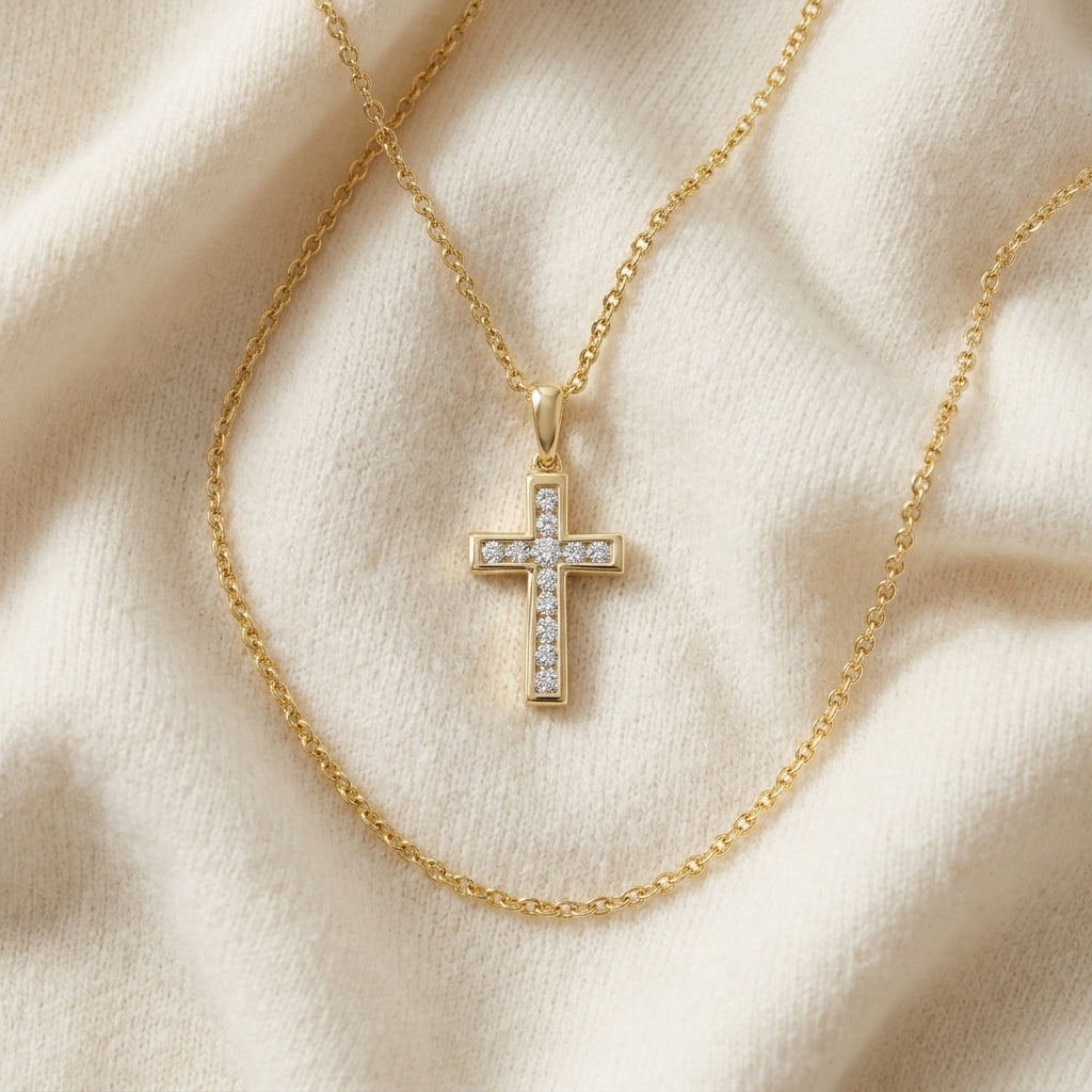 Diamond Channel Cross Pendant 16-18in Adj Cable Chain in 14K Yellow Gold - flat lay