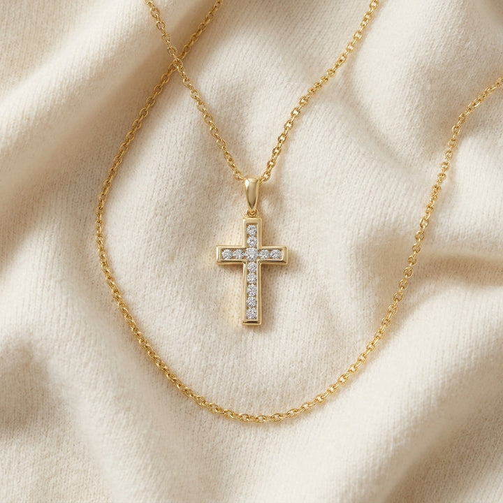 Diamond Channel Cross Pendant 16-18in Adj Cable Chain in 14K Yellow Gold - flat lay