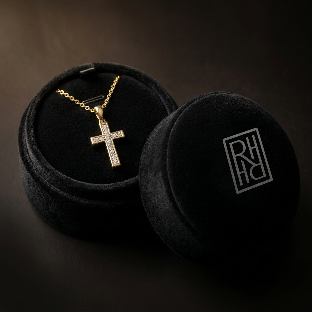 Diamond Channel Cross Pendant 16-18in Adj Cable Chain in 14K Yellow Gold - presentation