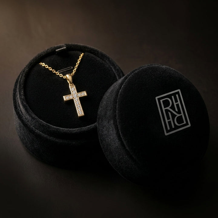 Diamond Channel Cross Pendant 16-18in Adj Cable Chain in 14K Yellow Gold - presentation