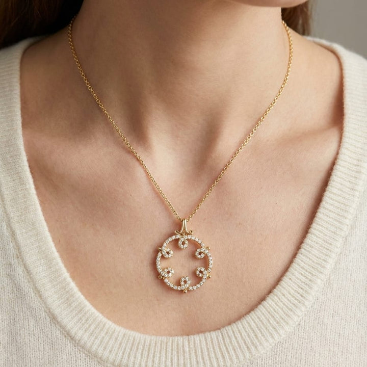 Natural Diamond Round Brilliant Pendant in 14K Yellow Gold, worn close-up portrait