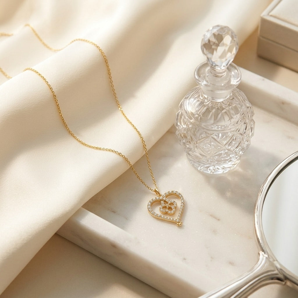 Diamond Pave Clover-in-Heart Pendant in 14K Yellow Gold - editorial