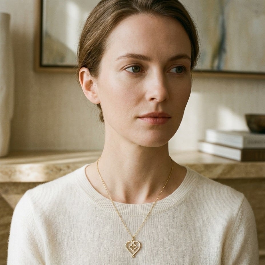 Diamond Pave Clover-in-Heart Pendant in 14K Yellow Gold - lifestyle