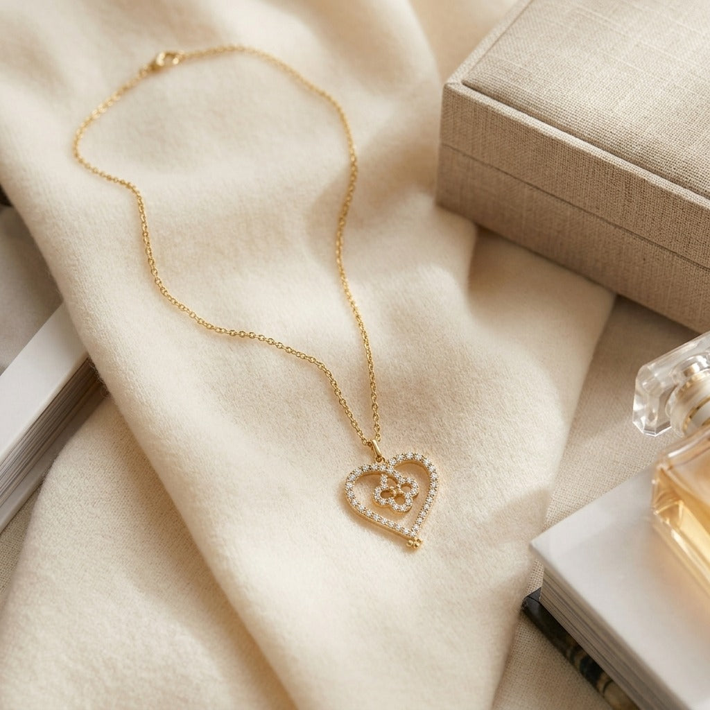 Diamond Pave Clover-in-Heart Pendant in 14K Yellow Gold - flat lay