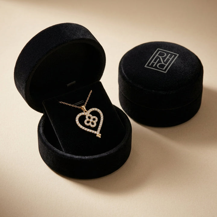Diamond Pave Clover-in-Heart Pendant in 14K Yellow Gold - presentation