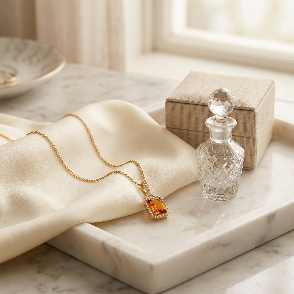 Citrine & Diamond Pendant 17 in Rolo Chain in 14K Yellow Gold - editorial
