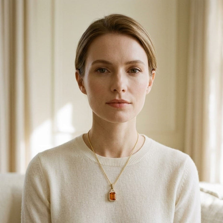 Citrine & Diamond Pendant 17 in Rolo Chain in 14K Yellow Gold - lifestyle