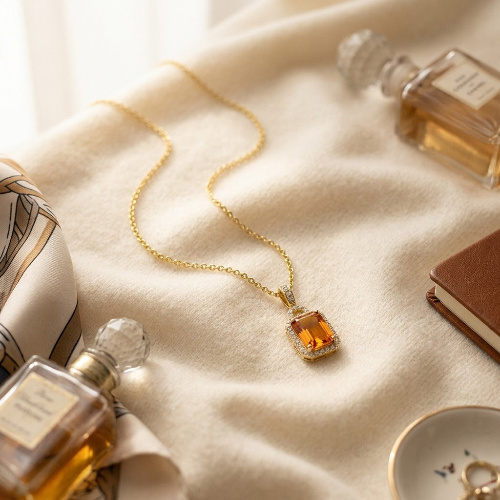Citrine & Diamond Pendant 17 in Rolo Chain in 14K Yellow Gold - flat lay