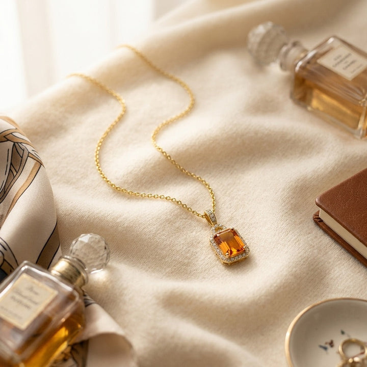 Citrine & Diamond Pendant 17 in Rolo Chain in 14K Yellow Gold - flat lay