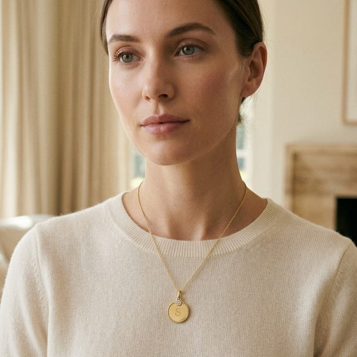 Diamond Initial "c" Disc Pendant in 14K Yellow Gold - lifestyle