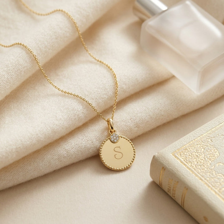 Diamond Initial "c" Disc Pendant in 14K Yellow Gold - flat lay
