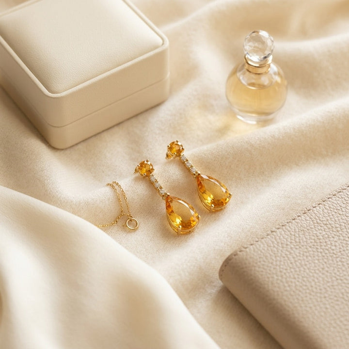 Citrine & Diamond Teardrop Pendant in 14K Yellow Gold - flat lay