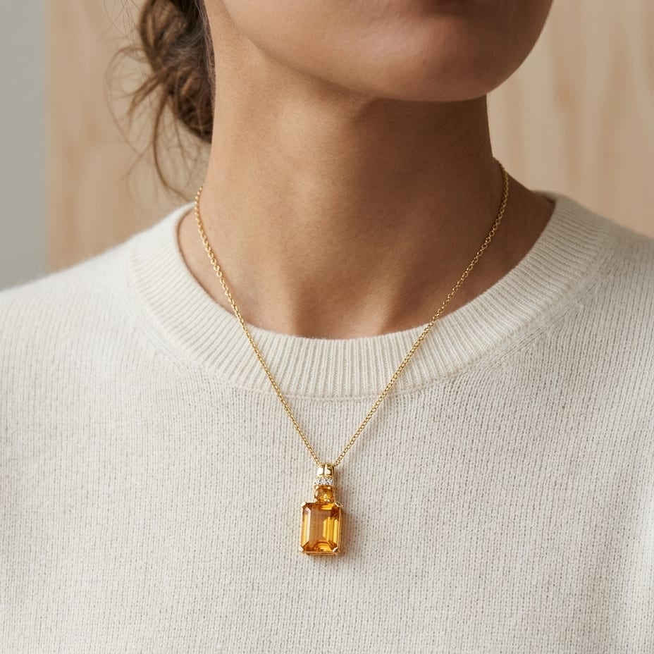 Citrine & Diamond Emerald Cut Pendant in 14K Yellow Gold - lifestyle