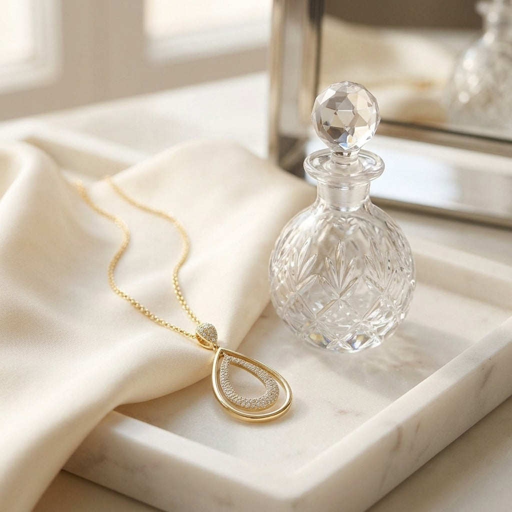 Diamond Double Oval Pendant 18 Inch Length in 14K Yellow Gold - editorial