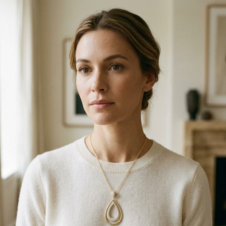 Diamond Double Oval Pendant 18 Inch Length in 14K Yellow Gold - lifestyle