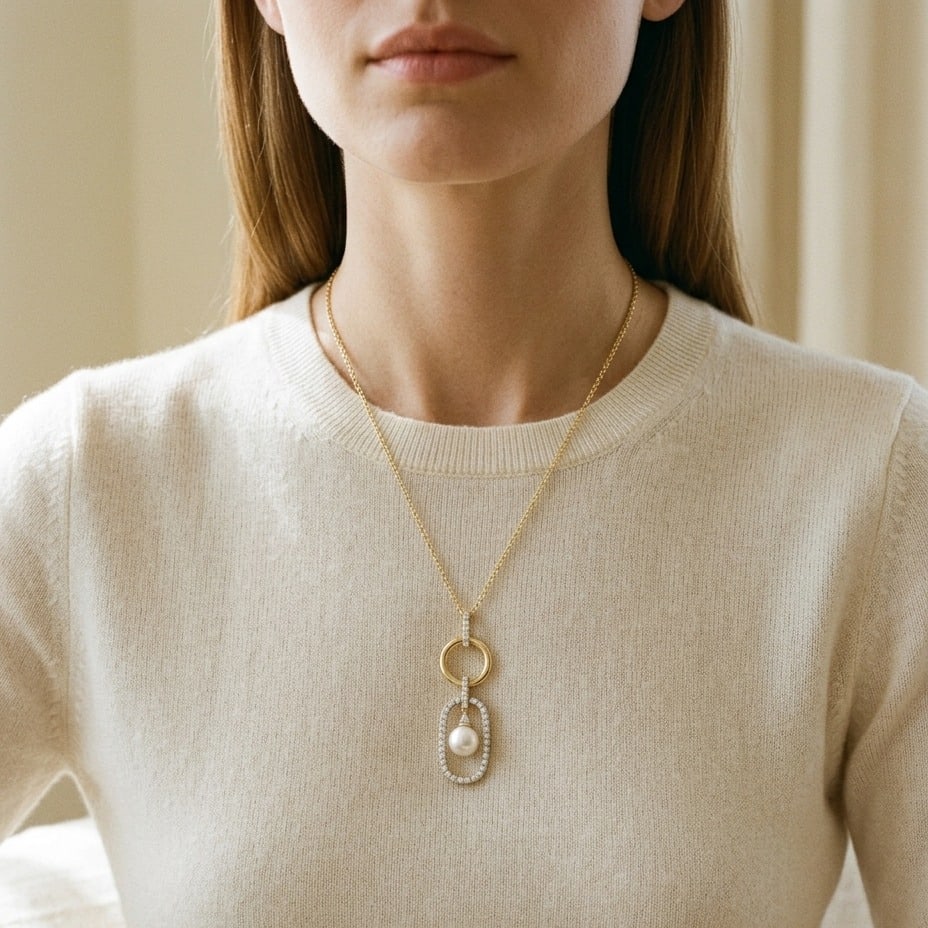 Freshwater Pearl & Diamonds Pendant in 14K Yellow Gold - editorial
