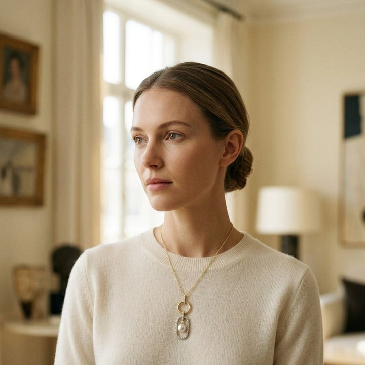 Freshwater Pearl & Diamonds Pendant in 14K Yellow Gold - on model