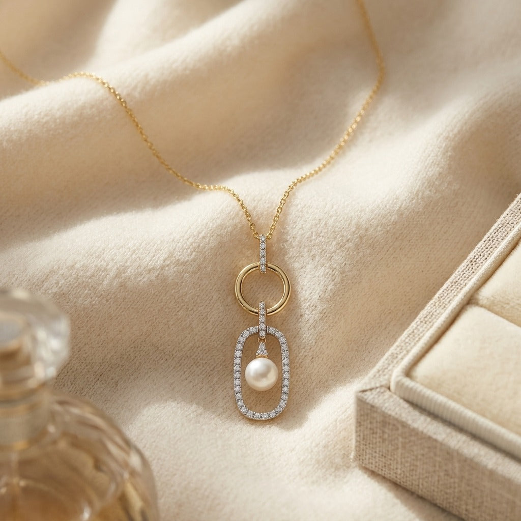 Freshwater Pearl & Diamonds Pendant in 14K Yellow Gold - flat lay