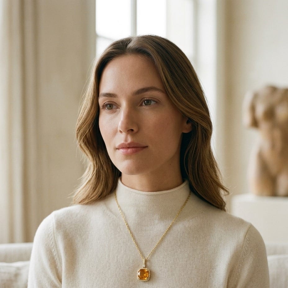Citrine & Diamond Halo Cushion-Cut Pendant in 14K Yellow Gold - lifestyle