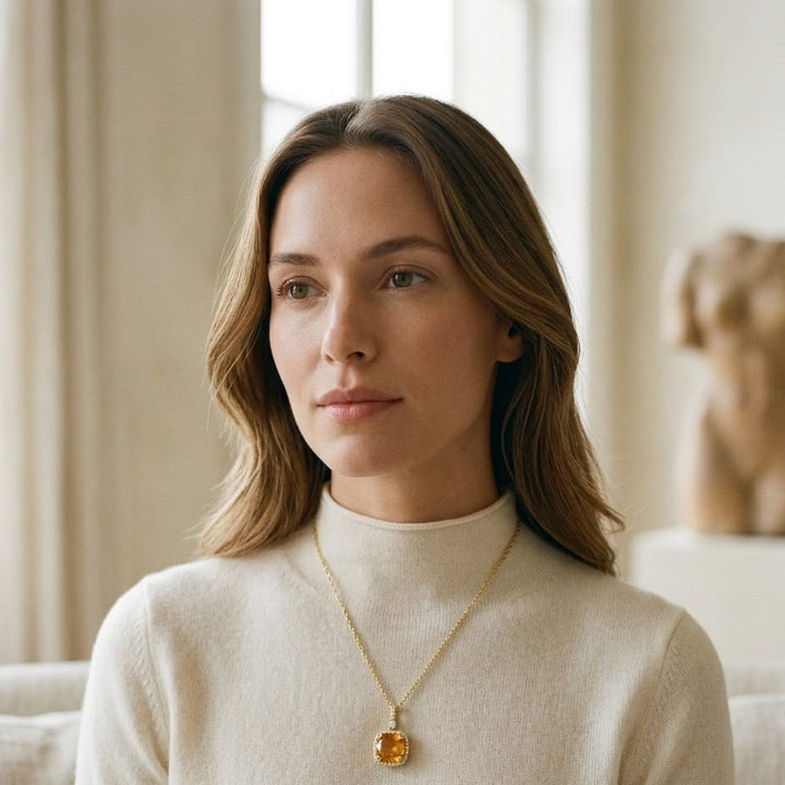 Citrine & Diamond Halo Cushion-Cut Pendant in 14K Yellow Gold - lifestyle