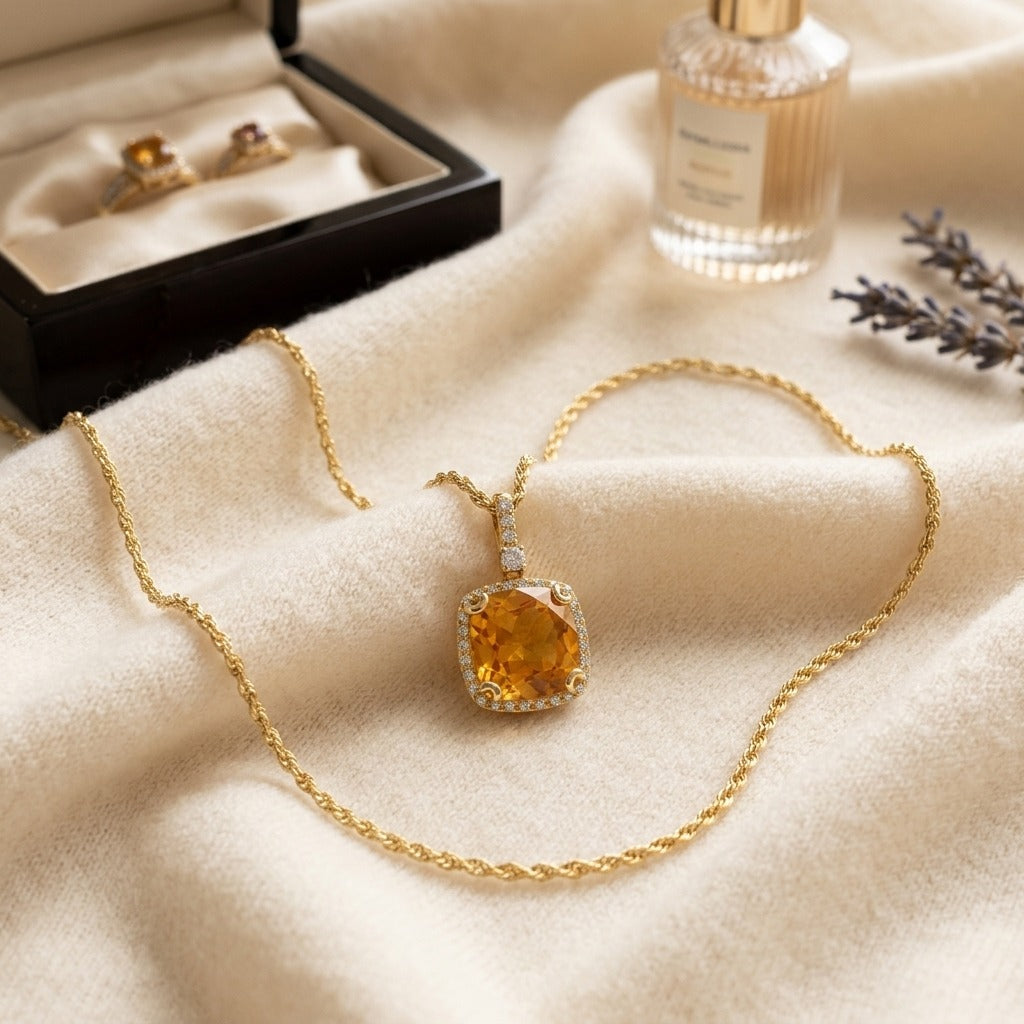 Citrine & Diamond Halo Cushion-Cut Pendant in 14K Yellow Gold - flat lay