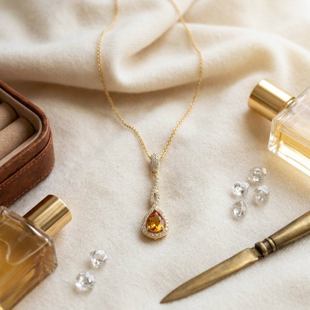 Citrine & Diamond Pendant in 14K Yellow Gold - flat lay