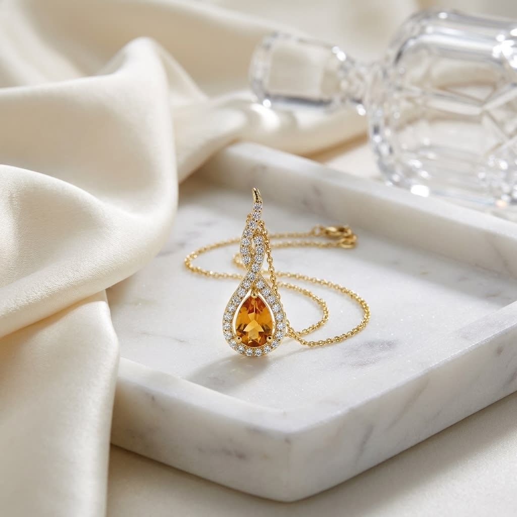 Citrine Pendant in 14K Yellow Gold, on marble vanity tray with silk