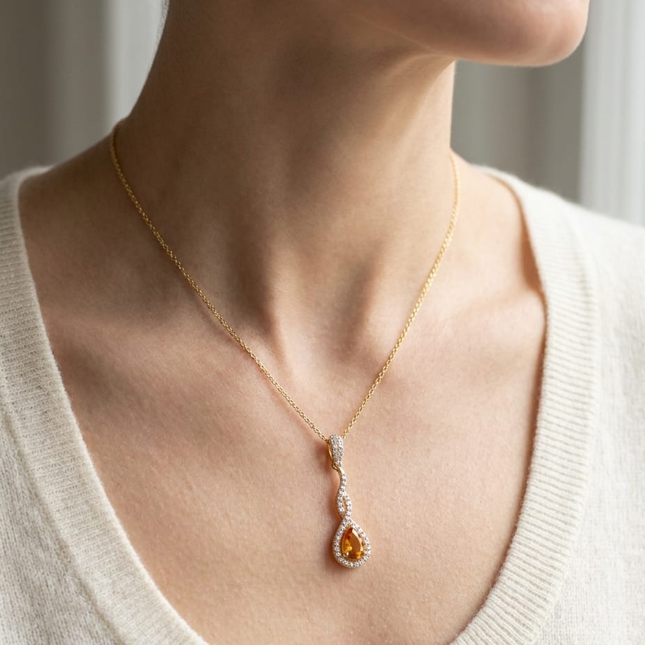 Citrine Pendant in 14K Yellow Gold, worn close-up portrait