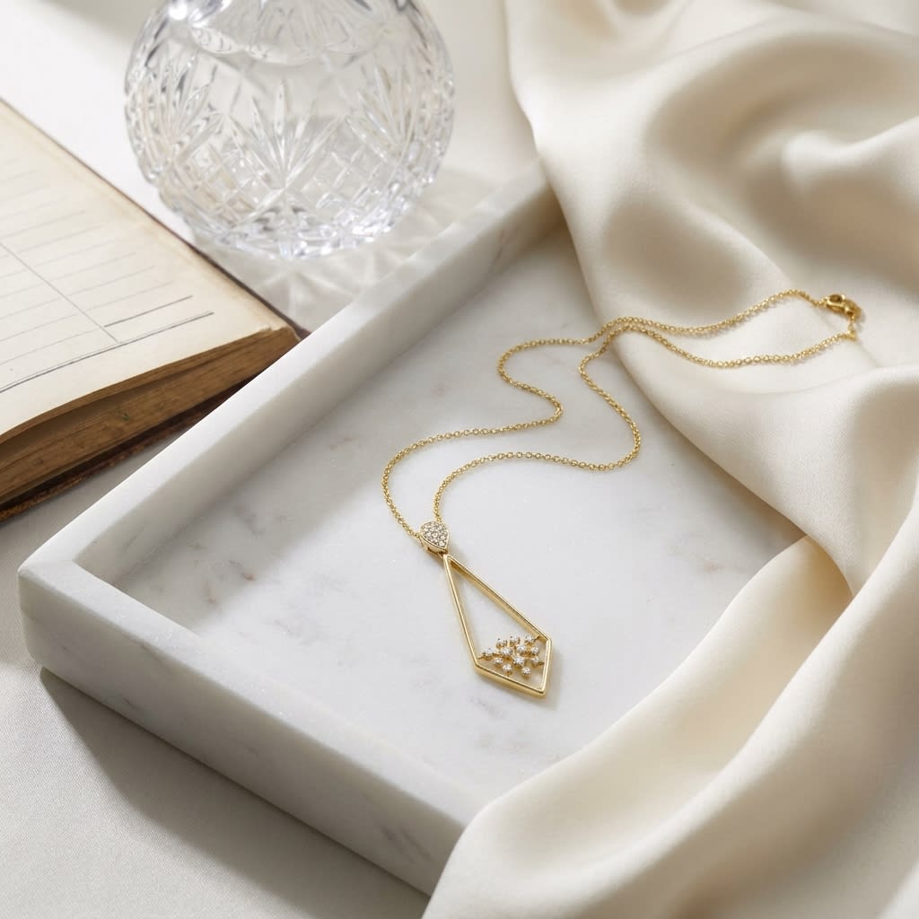 Natural Diamond Round Brilliant Pendant in 14K Yellow Gold, 3 ct. t.w., on marble vanity tray with silk