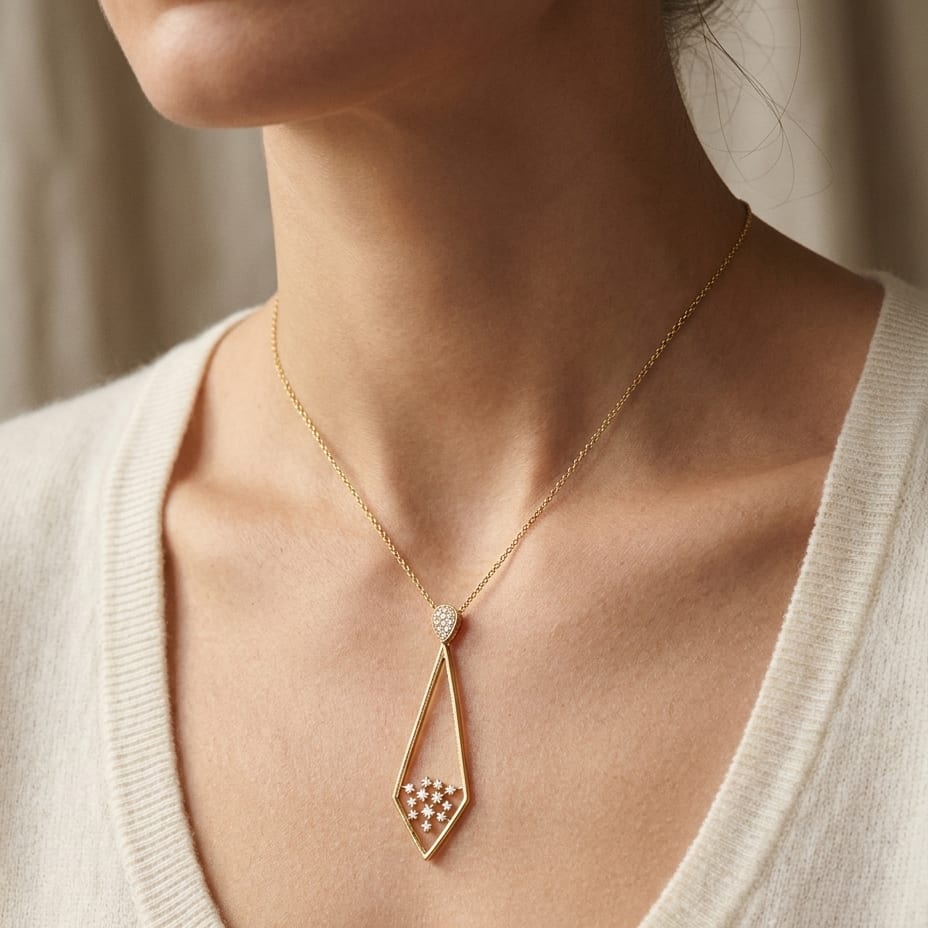 Natural Diamond Round Brilliant Pendant in 14K Yellow Gold, 3 ct. t.w., worn close-up portrait