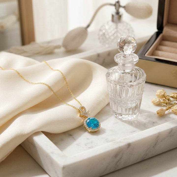 Blue Topaz & Diamond Pave Halo Pendant in 14K Yellow Gold - lifestyle