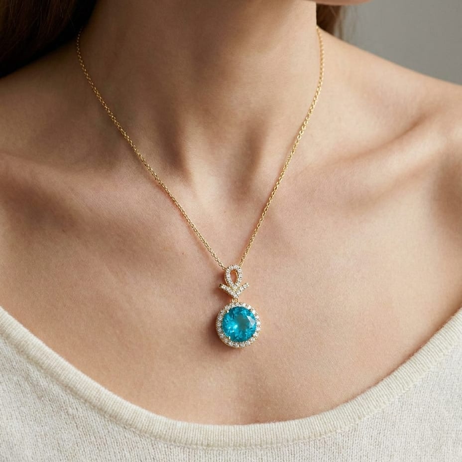 Swiss Blue Topaz Halo Pendant in 14K Yellow Gold, worn close-up portrait