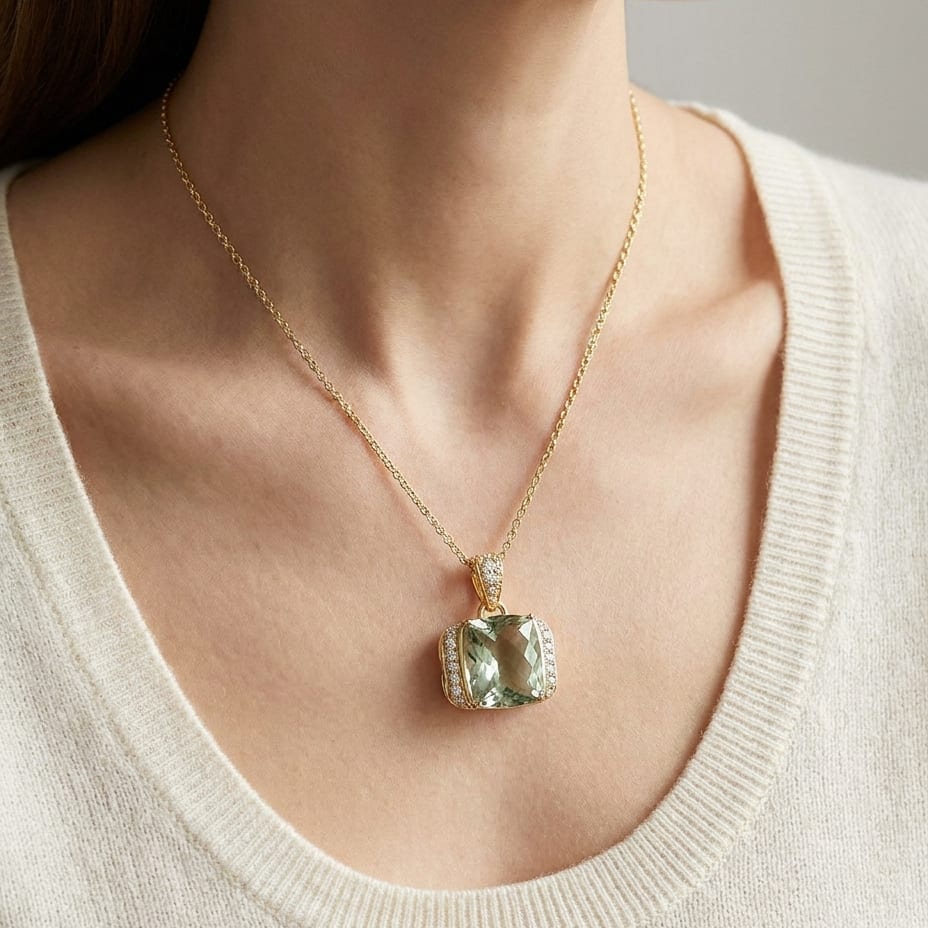 Green Quartz Cushion Halo Pendant in 14K Yellow Gold, worn close-up portrait