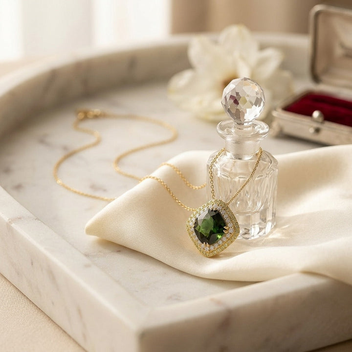 Green Tourmaline Cushion Pendant with Peridot & Diamond Borders in 14K Yellow Gold - lifestyle
