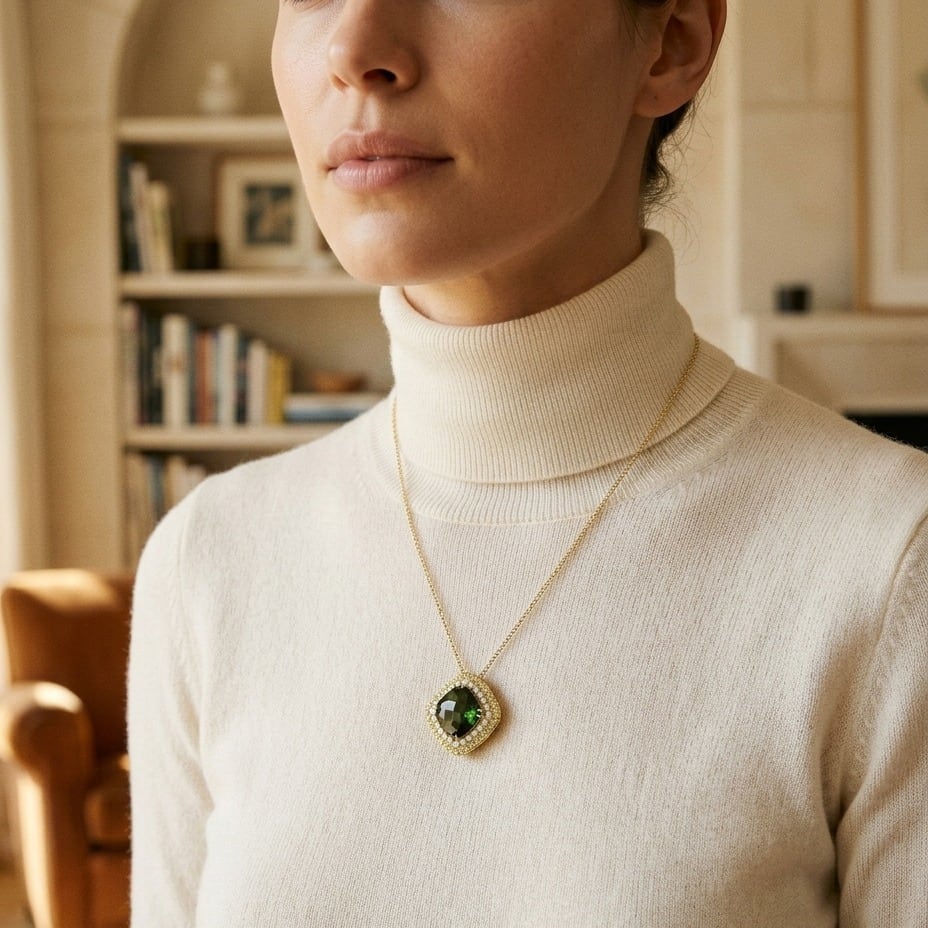 Green Tourmaline Cushion Pendant with Peridot & Diamond Borders in 14K Yellow Gold - editorial