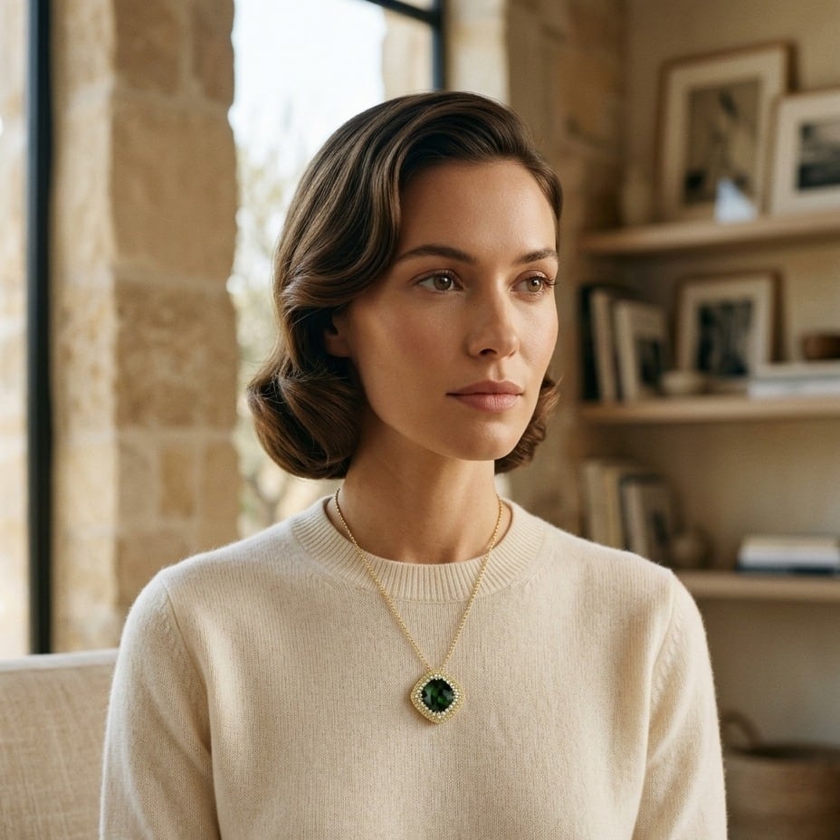 Green Tourmaline Cushion Pendant with Peridot & Diamond Borders in 14K Yellow Gold - on model