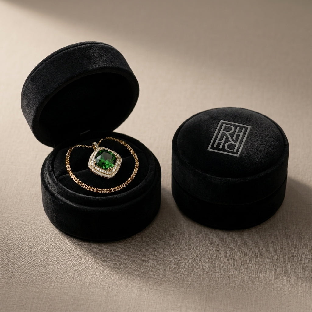 Green Tourmaline Cushion Pendant with Peridot & Diamond Borders in 14K Yellow Gold - presentation