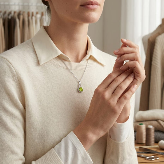 Swiss Blue Topaz Round Brilliant Halo Pendant in 14K Yellow Gold, worn on hand, full view
