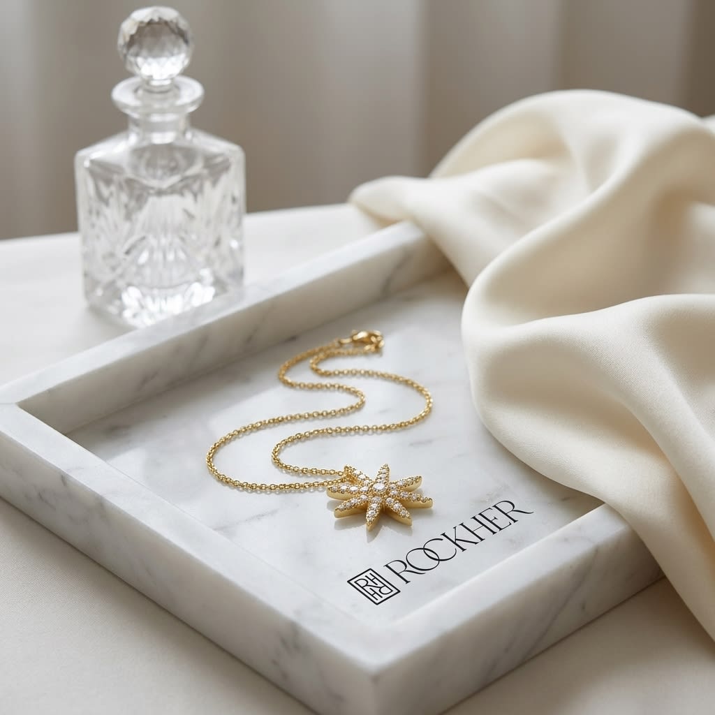 Natural Diamond Round Brilliant Pendant in 14K Yellow Gold, on marble vanity tray with silk
