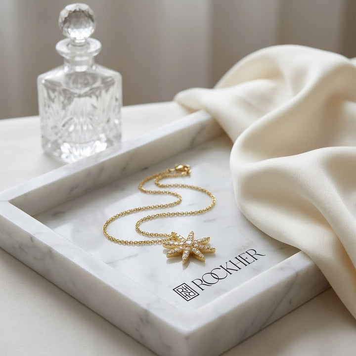 Natural Diamond Round Brilliant Pendant in 14K Yellow Gold, on marble vanity tray with silk