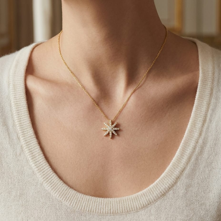 Natural Diamond Round Brilliant Pendant in 14K Yellow Gold, worn close-up portrait