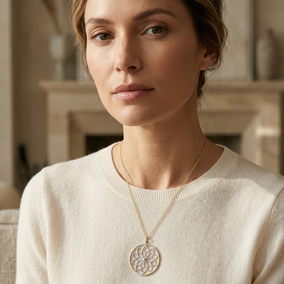 Diamond Floral Lattice Pendant with Pave Accented Border , 16-18 Inch Adj Chain in 14K Yellow Gold - lifestyle