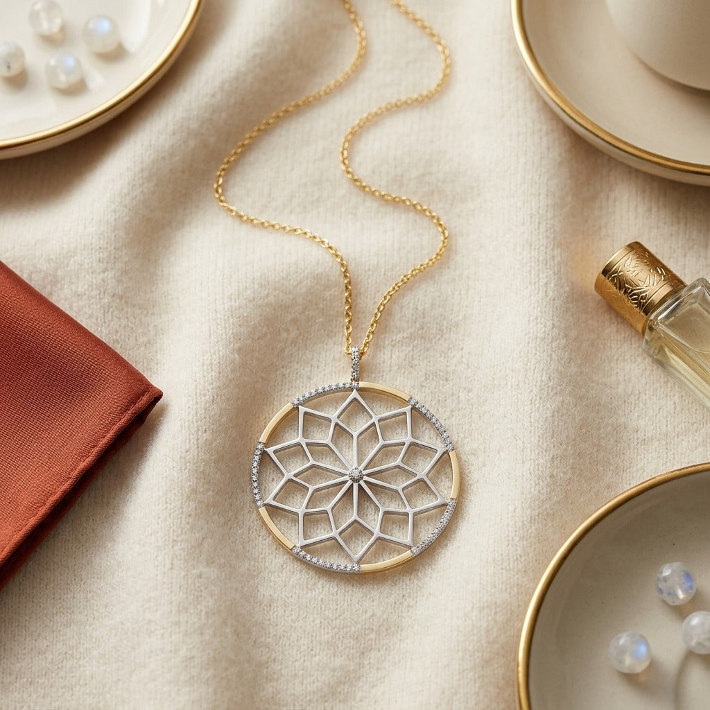 Diamond Floral Lattice Pendant with Pave Accented Border , 16-18 Inch Adj Chain in 14K Yellow Gold - flat lay