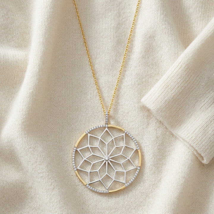Diamond Snowflake Pendant with Circular Frame 1/3ctw, 16-18 Inch Adjustable Rolo Chain in 14K Yellow Gold - flat lay