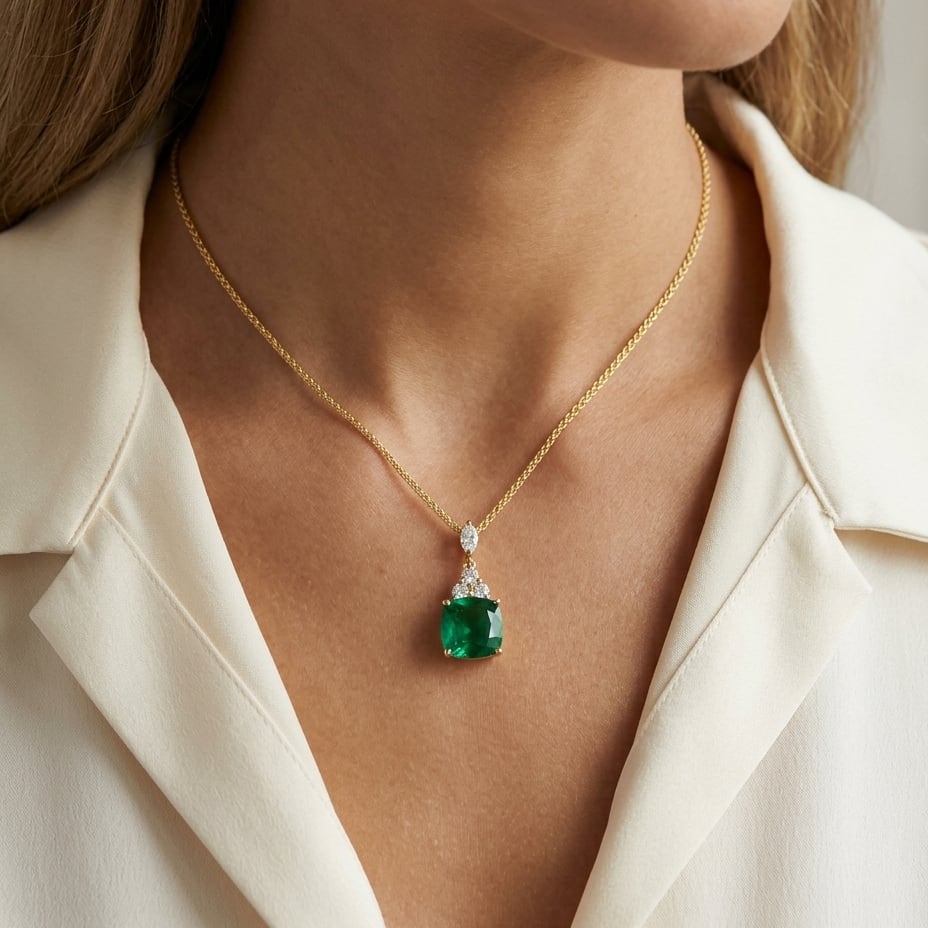 Lab Emerald 8mm Cushion, Round & Marquise Diamonds Pendant with Chain Set in 14K Yellow Gold - editorial