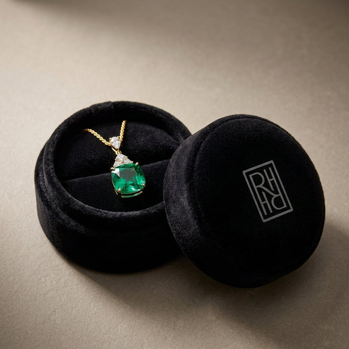 Lab Emerald 8mm Cushion, Round & Marquise Diamonds Pendant with Chain Set in 14K Yellow Gold - presentation